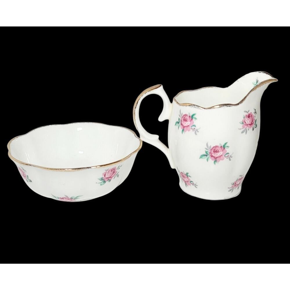 Vintage Jason Creamer and Open Sugar Bowl Pink Bud Roses Gold Trim England - Picture 3 of 8